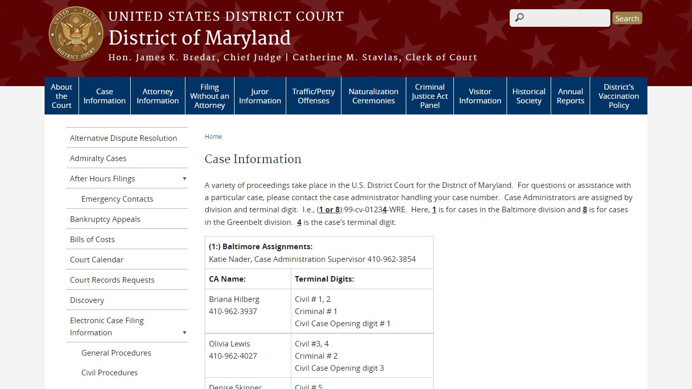 Case Information | District of Maryland - United States Courts